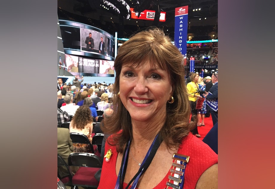 caption: Washington state GOP chair Susan Hutchison on the floor of the Republican convention in Cleveland in 2016.