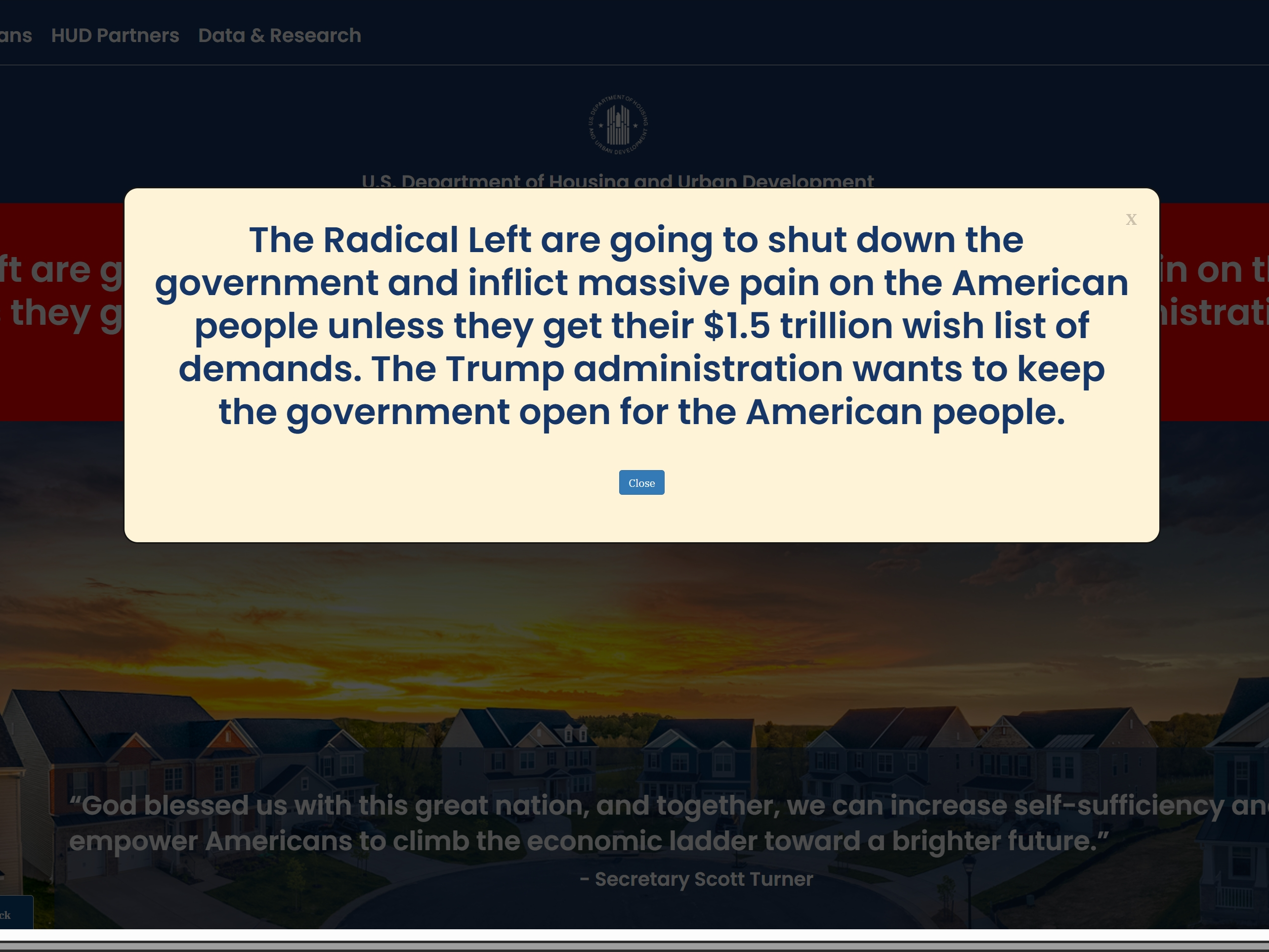 caption: The website for the Department of Housing and Urban Development features a banner and popup message blaming the "Radical Left" for an impending government shutdown.