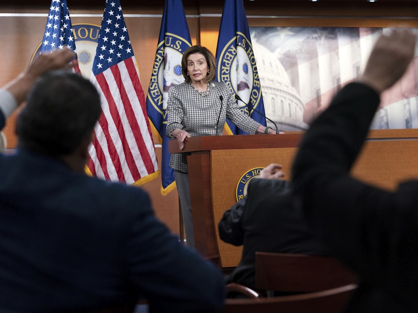 caption: Speaker of the House Nancy Pelosi takes questions at a press conference on April 29. Pelosi announced Friday that the House would vote next week on a resolution allowing congressional staffers to unionize.