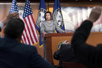 caption: Speaker of the House Nancy Pelosi takes questions at a press conference on April 29. Pelosi announced Friday that the House would vote next week on a resolution allowing congressional staffers to unionize.