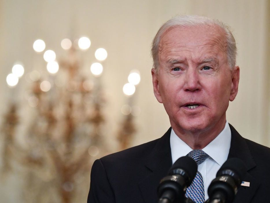 caption: President Biden delivers remarks in the White House Monday on the COVID-19 response and the vaccination program.