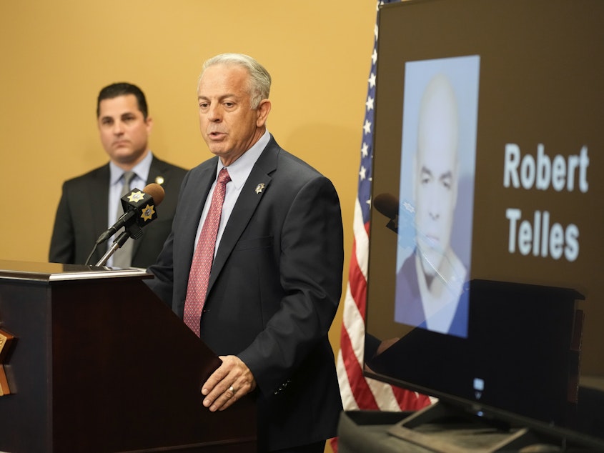 caption: Clark County Sheriff Joe Lombardo speaks at a news conference on the arrest of Clark County Public Administrator Robert "Rob" Telles in Las Vegas.