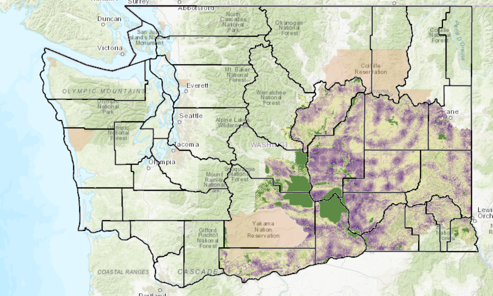 caption: Washington State University's Solar Program developed this map to determine where the most and least amount of conflict could arise around new solar projects. 