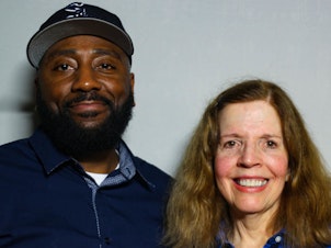 caption: Keith Miller and Ellen Hughes both have sons with autism. At StoryCorps in February, Ellen tells Keith how grateful she is the he unexpectedly comforted her son during an emergency room visit last year.