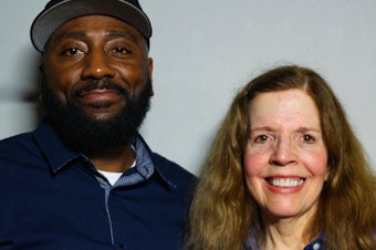 caption: Keith Miller and Ellen Hughes both have sons with autism. At StoryCorps in February, Ellen tells Keith how grateful she is the he unexpectedly comforted her son during an emergency room visit last year.