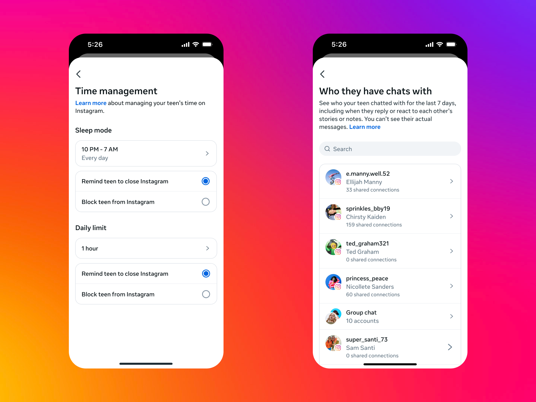 caption:  A view of what two features look like for Instagram's Teen Account, including the ability to set daily use limits and permitting parents to view with whom their teen kids are messaging. 