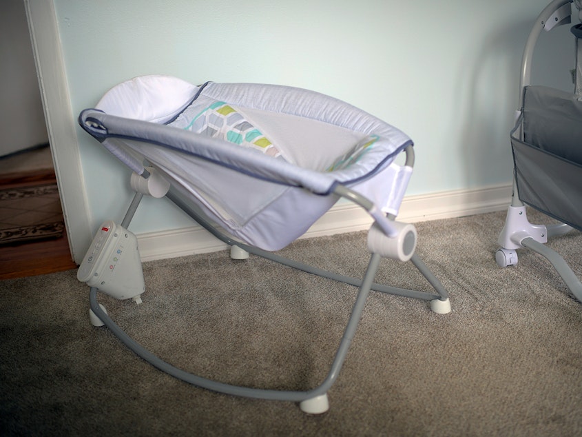 caption: In 2019, a Rock n' Play sleep was recalled. The recalled Fisher-Price Rock 'n Play sleeper in Alexandria, VA on April 16, 2019.