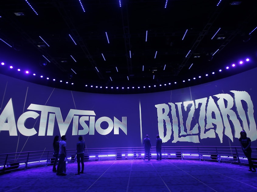 caption: The Activision Blizzard Booth during the Electronic Entertainment Expo in Los Angeles.