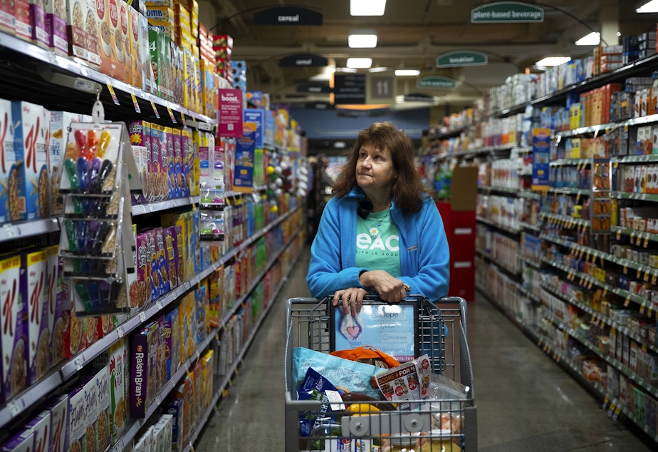 caption: Diane Martin Rudnick is portrayed while grocery shopping on Thursday, Feb. 23, 2023, at Fred Meyer along Aurora Avenue North in Shoreline. 