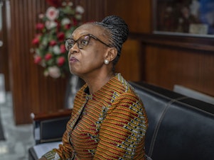 caption: Dr. Matshidiso Moeti, the first woman to lead the the World Health Organization's regional Africa office, sits in her office in Brazzaville, Congo on Feb. 8, 2022.