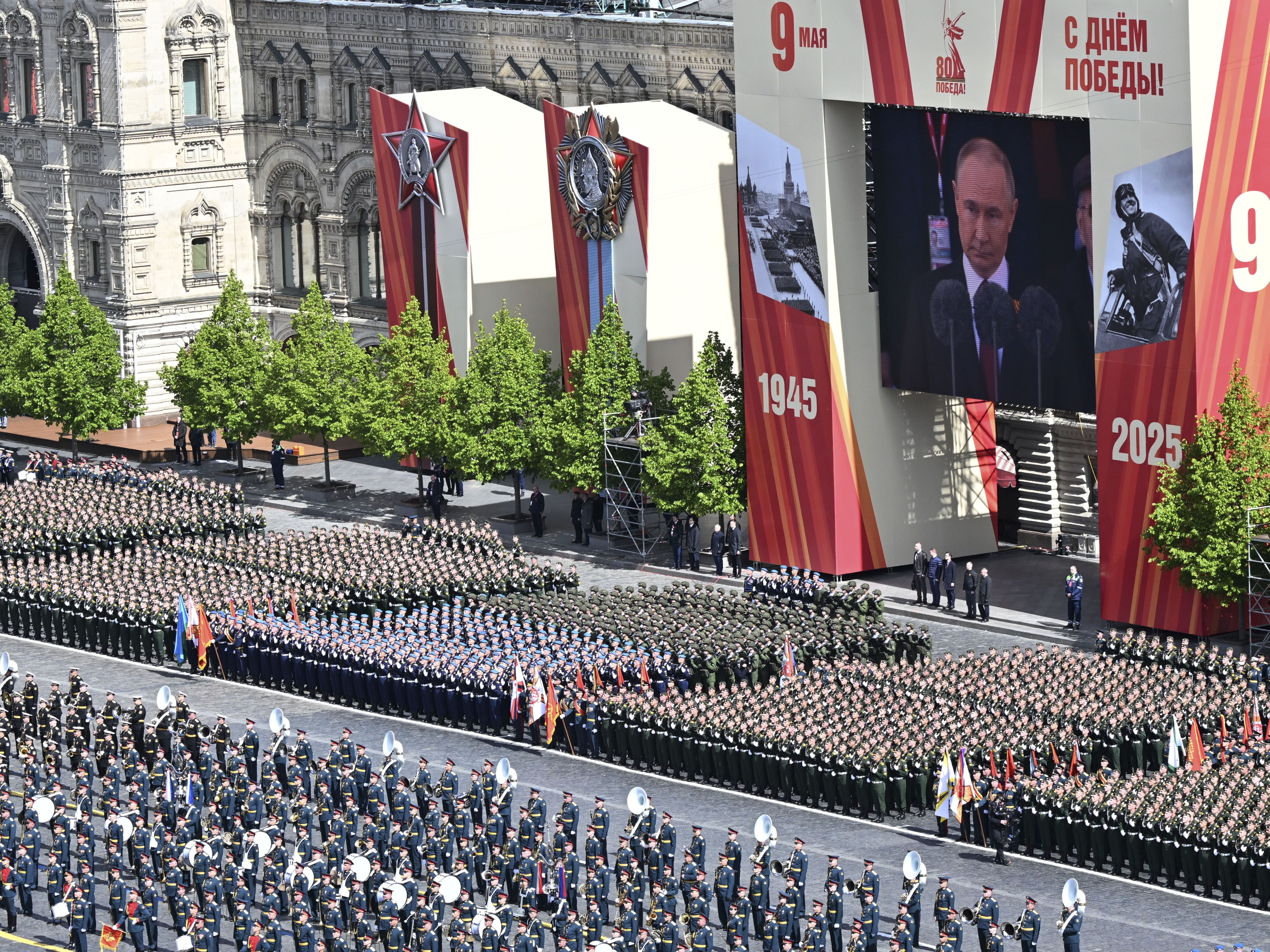 caption: Russian servicemen take part in the Victory Day military parade in Moscow, Russia, Friday, May 9, 2025, marking the 80th anniversary of the Soviet Union's victory over Nazi Germany during the World War II.