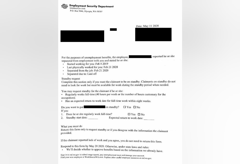 caption: One of the many unemployment claim notification letters sent to employers in Washington state, often delivered to offices that had been closed because of the pandemic. This is one of the "tens of thousands" of claims believed to be fraudulent.