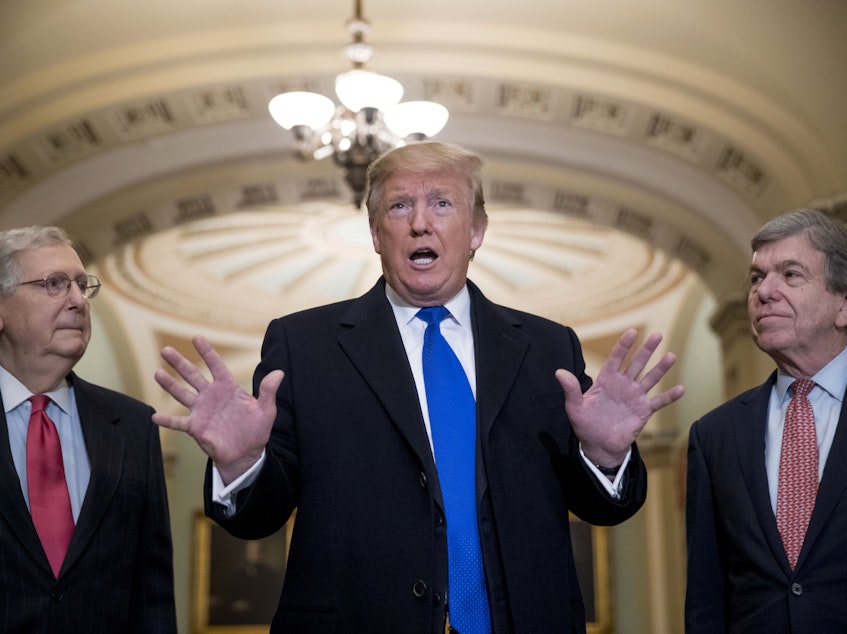 caption: President Trump speaks to reporters as he arrives for a Senate Republican lunch on Capitol Hill on Tuesday.