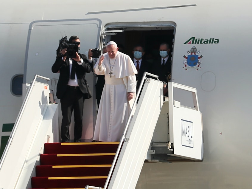 caption: Pope Francis leaves Iraq Monday after his four-day visit to the country, a first for the papacy. President Biden said the pope and his trip set an example for the entire world.