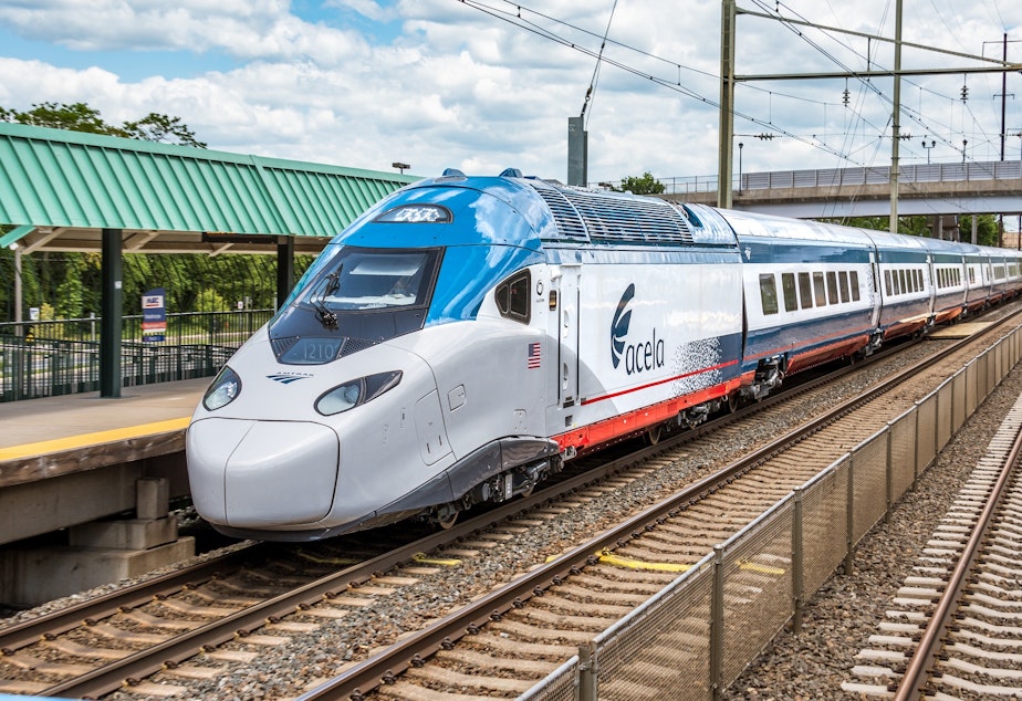 caption: Cascadia high speed rail planners are aiming for a top speed of 250 mph, considerably faster than the next generation Amtrak Acela train shown here.