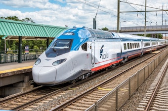 caption: Cascadia high speed rail planners are aiming for a top speed of 250 mph, considerably faster than the next generation Amtrak Acela train shown here.