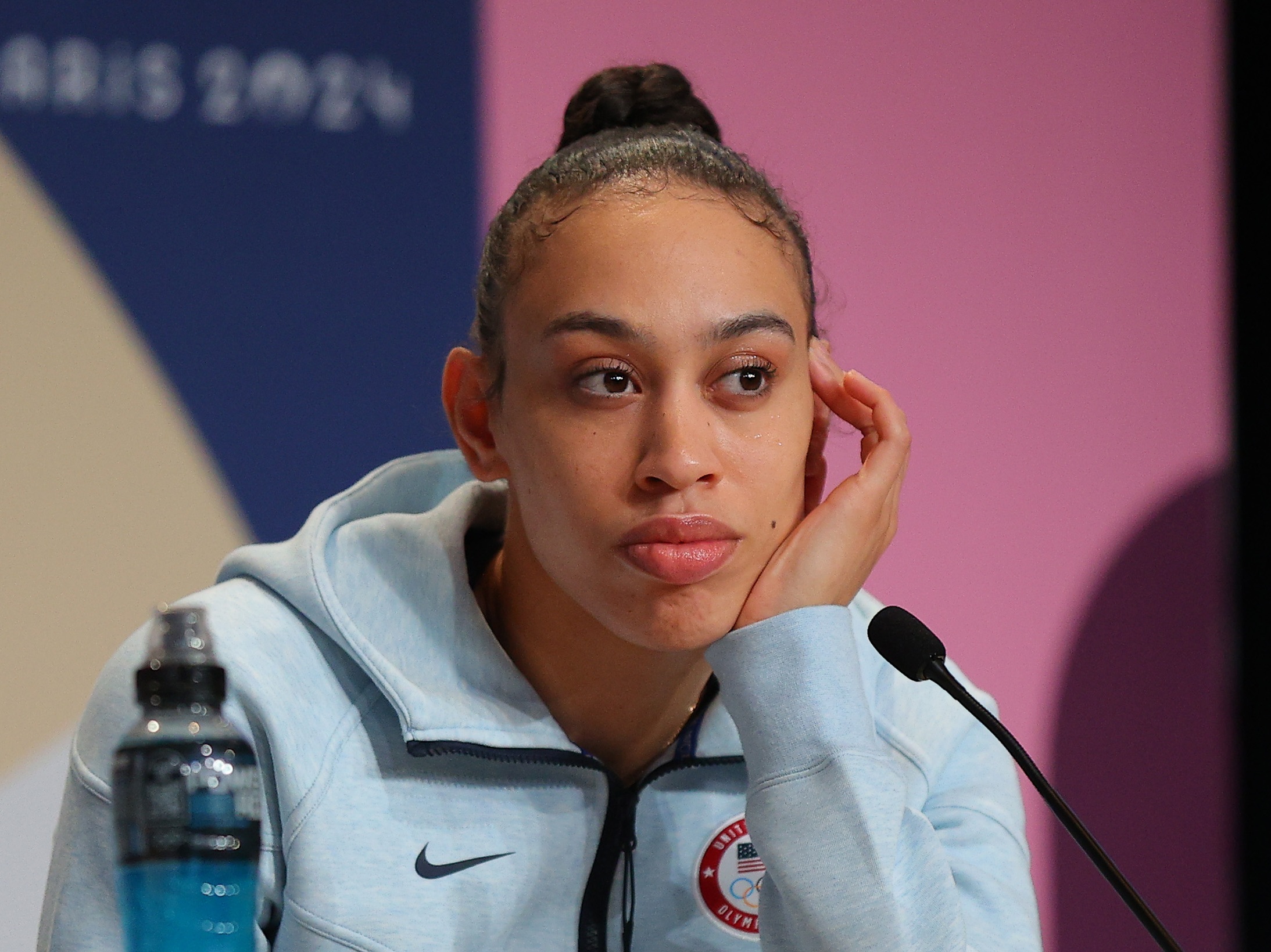 caption: Dearica Hamby speaks during a Team USA 3x3 Basketball press conference in Paris in July. The U.S. women's 3x3 basketball team won bronze at the Olympics last week. 