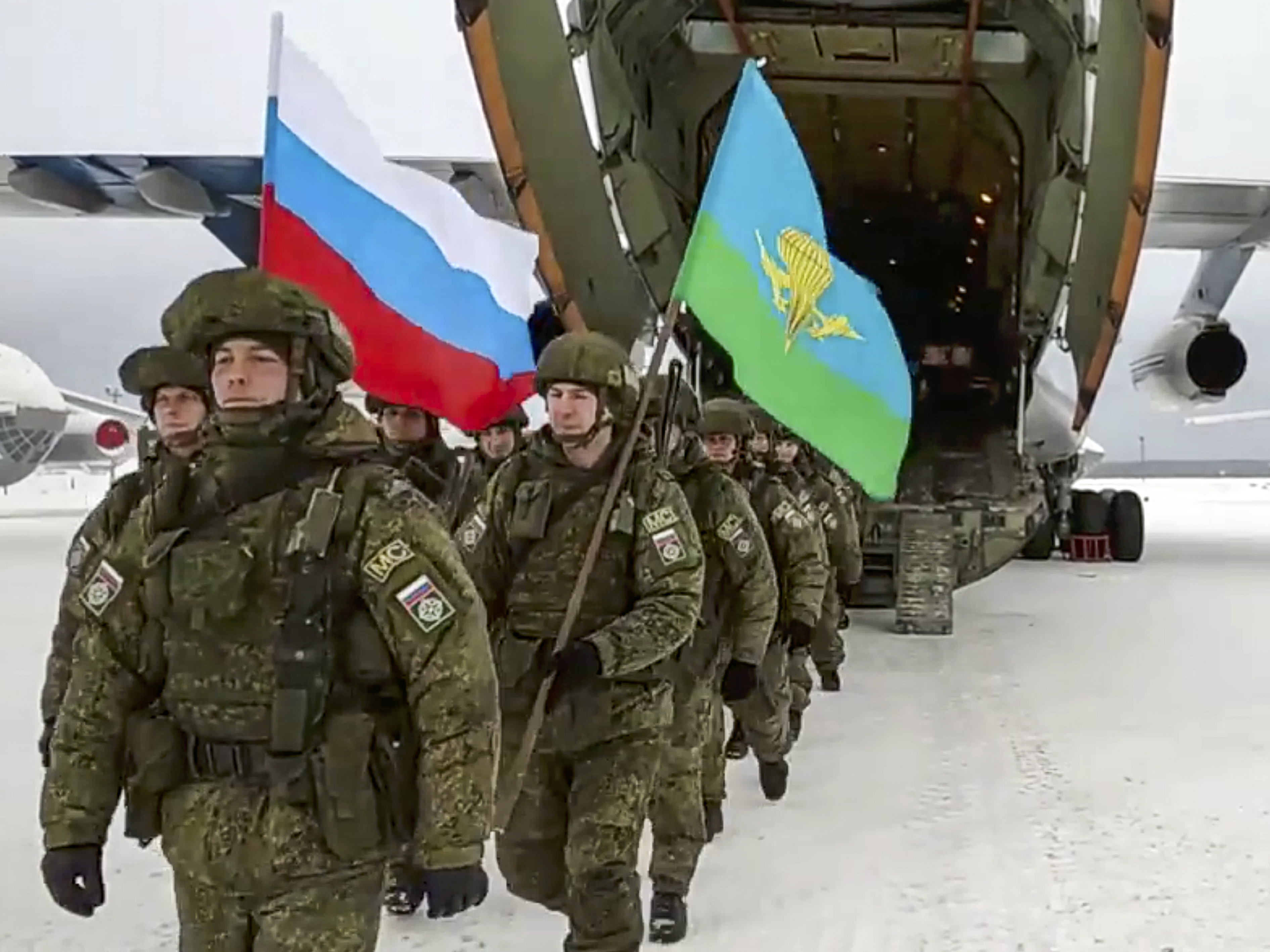 caption: Russian troops arrive back in the Russian city of Ivanovo on Jan. 15 after serving briefly in the former Soviet republic of Kazakhstan. The Russian forces were dispatched to help Kazakhstan's President Kassym-Jomart Tokayev stamp out widespread protests against his authoritarian rule. Kazakhstan is just one of five former Soviet republic where Russian troops have been operating this year.