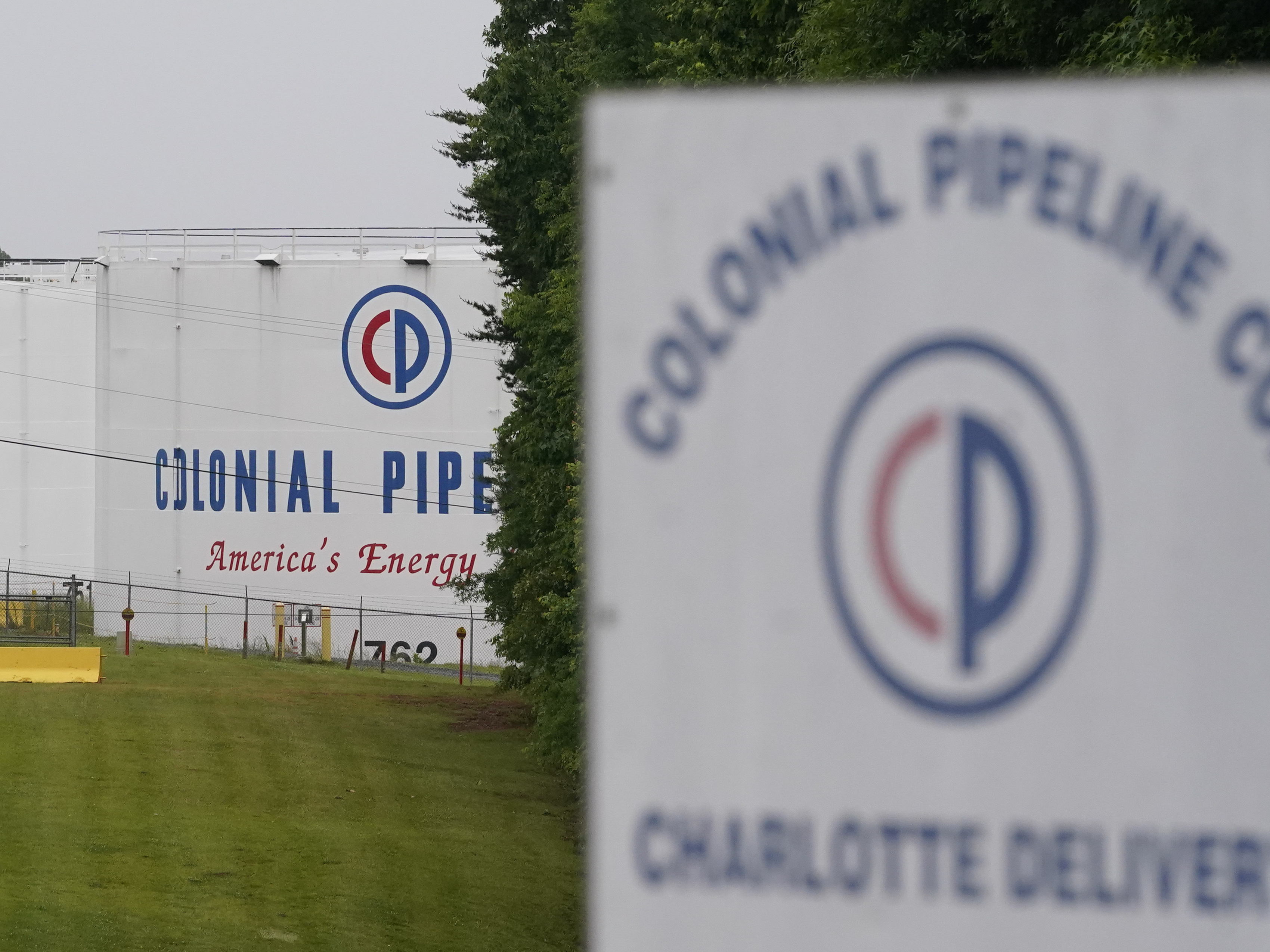 caption: The entrance of Colonial Pipeline Co. in Charlotte, N.C. The company was the victim of a ransomware attack last month.