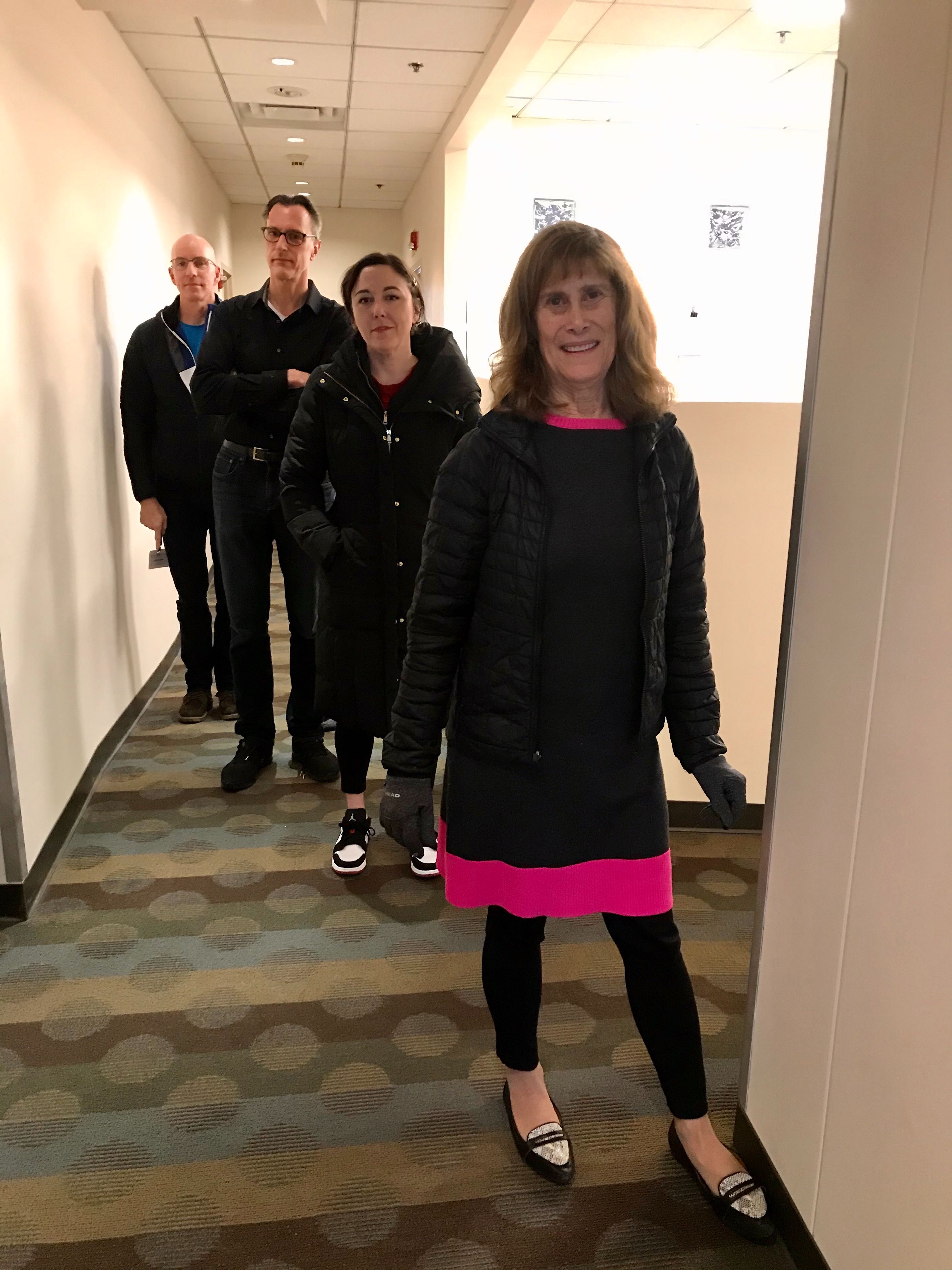 caption: Joni Balter, Erica C Barnett, Bill Radke and C.R. Douglas all standing an appropriate distance from each other