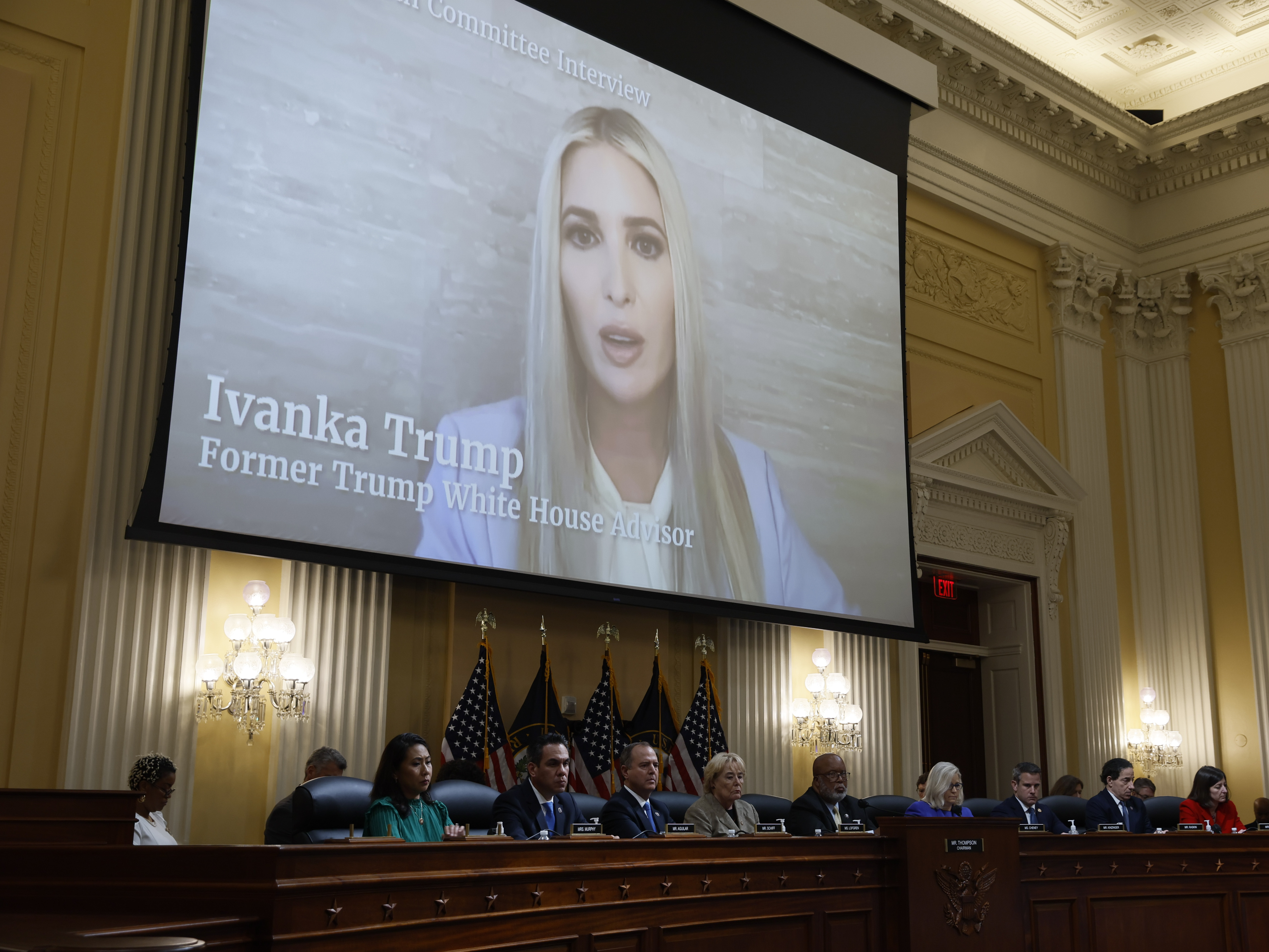 caption: Ivanka Trump, former senior adviser to Donald Trump, displayed on a screen during a hearing of the Select Committee to Investigate the January 6th Attack on the U.S. Capitol in Washington, D.C.