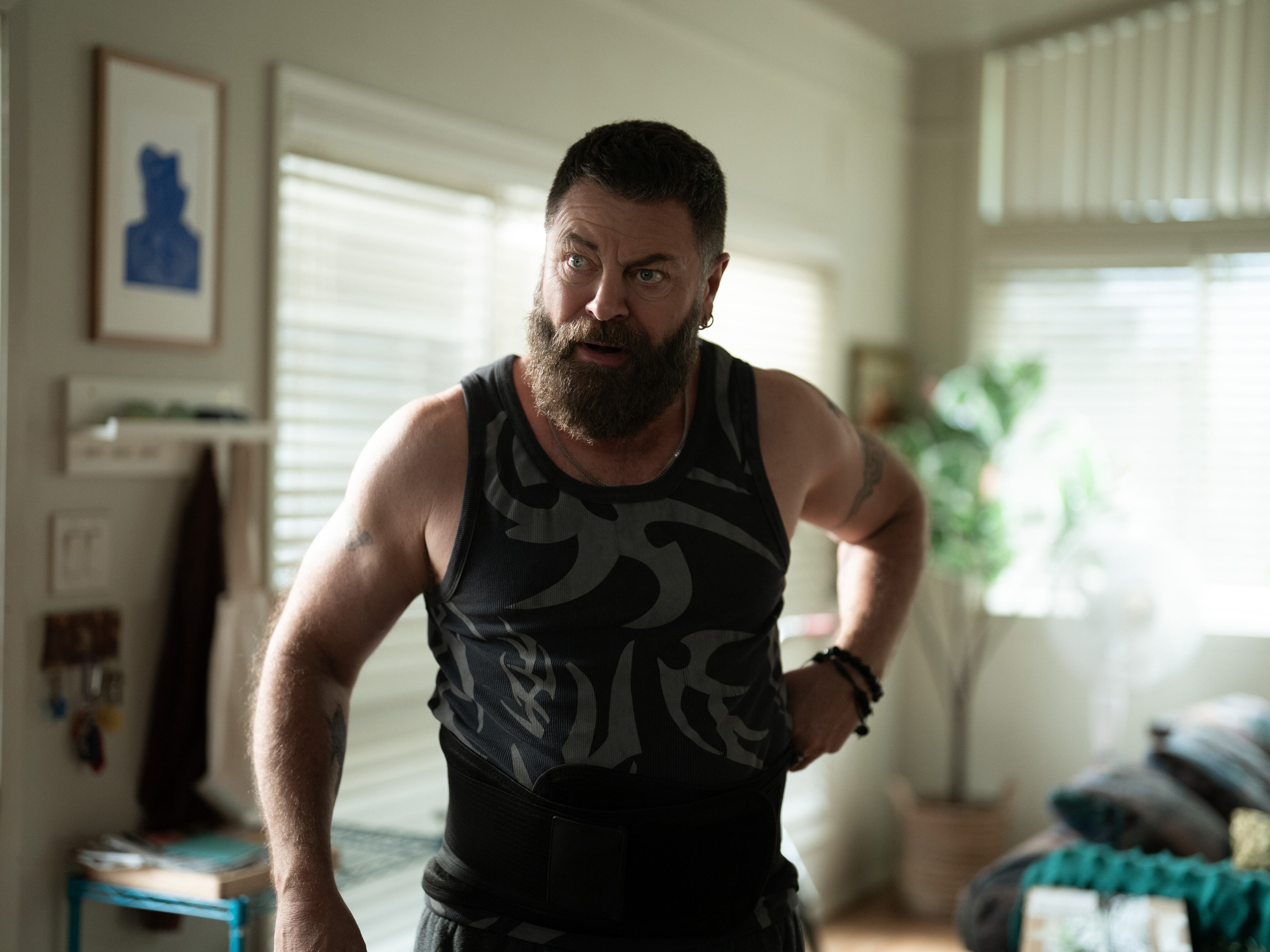 caption: Nick Offerman plays Jinx, a former professional wrestler in <em>Margo's Got Money Troubles.</em>