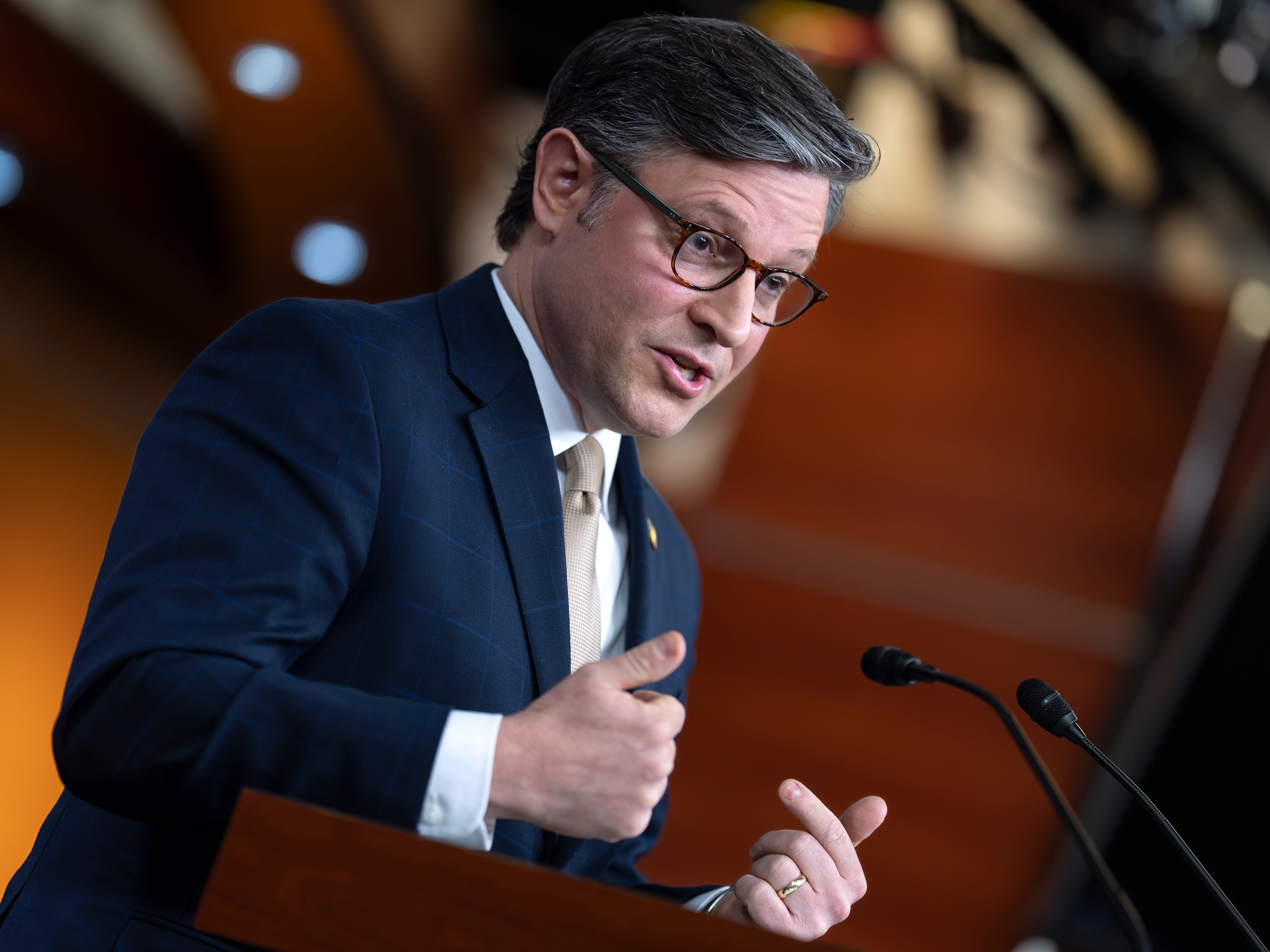 caption: Speaker of the House Mike Johnson, R-La., takes questions at a news conference at the U.S. Capitol on April 21, 2026.