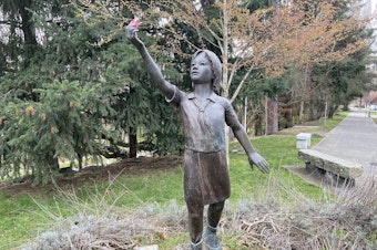 caption: A statue of Sadako Sasaki at Peace Park in Seattle's University District.