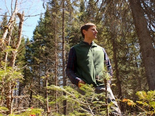 caption: Tony D'Amato, director of the University of Vermont's forestry program, visits an experiment site in the Silvio O. Conte National Fish and Wildlife Refuge.