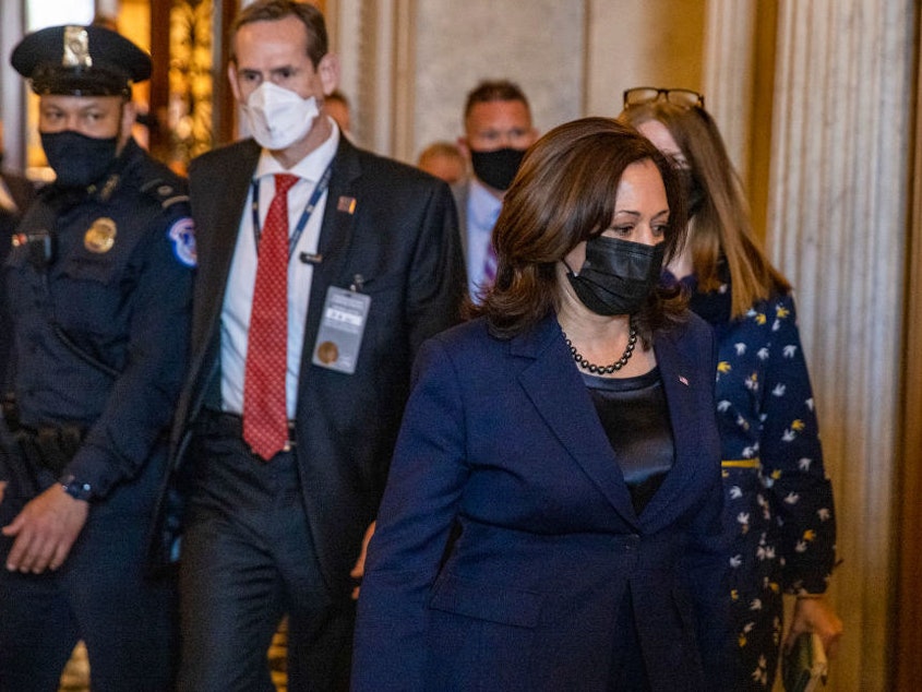 caption: Vice President Kamala Harris leaves the Capitol Thursday after casting a procedural vote to start debate on the $1.9 trillion coronavirus relief bill.
