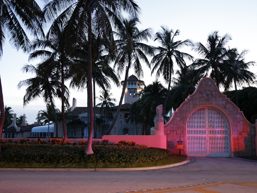 caption: The entrance to former President Donald Trump's Mar-a-Lago Palm Beach, Fla. estate is shown on Aug. 8, 2022, the day of the FBI's search there.