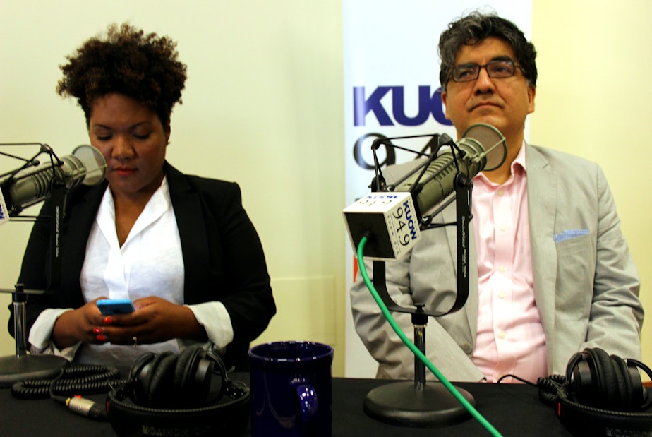 caption: Tonya Mosley and Sherman Alexie, guests on KUOW's Week in Review show, live from Northwest African American Museum.