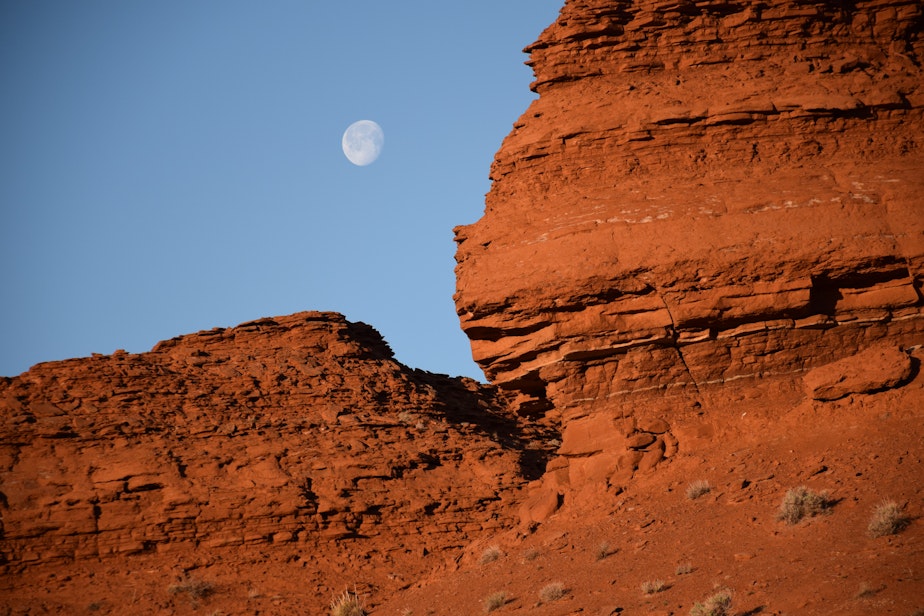 caption: The moon showing at Bighorn Canyon National Recreation Area, which straddles the border between Wyoming and Montana.