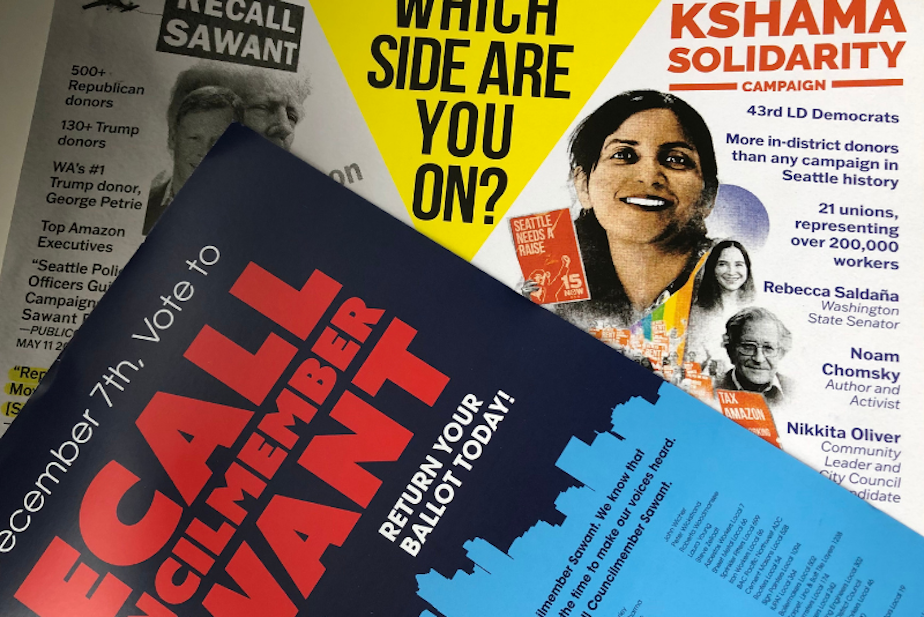 caption: Fliers sent to District 3 voters in Seattle for and against the recall effort against Councilmember Kshama Sawant. 