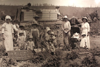caption: Auburn's population was almost 1/3 Japanese American, before World War II and the internment. After the war, many families did not come back. This family photograph is on display at the White River Valley Museum, in Auburn.