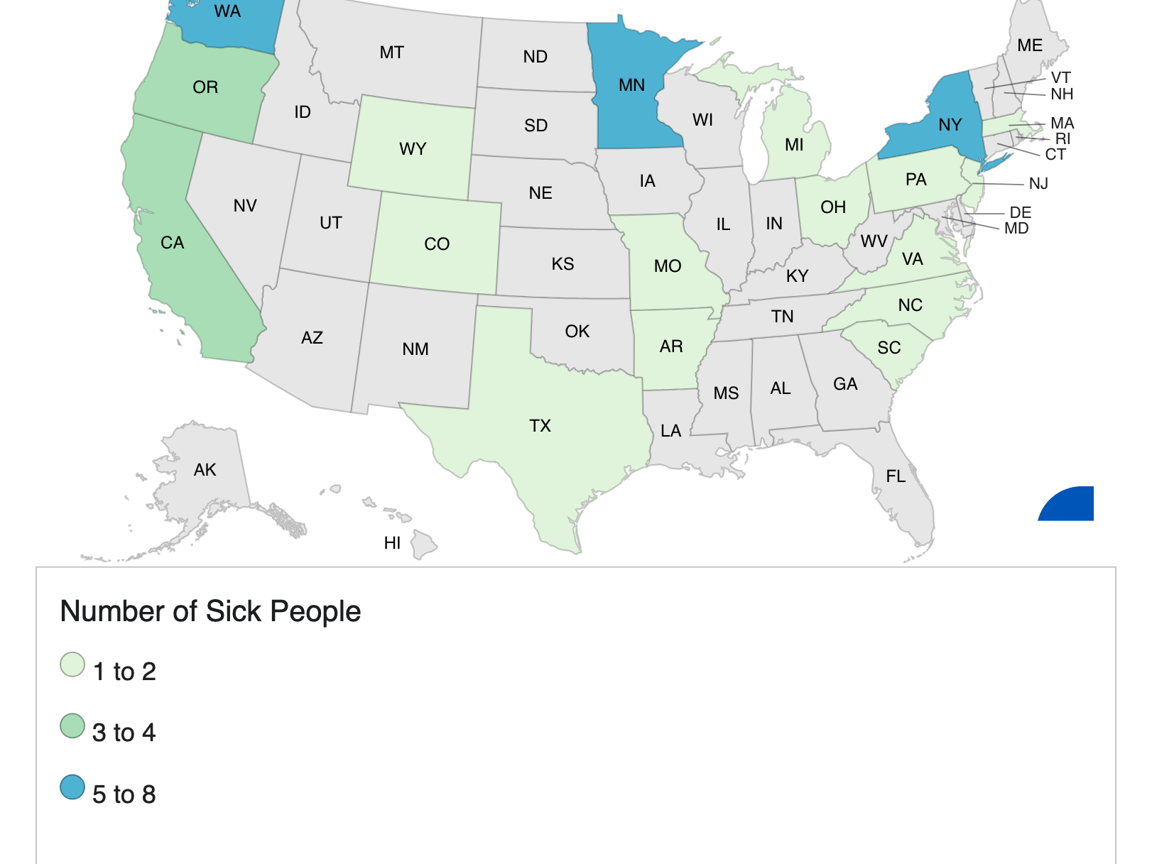 caption: This map shows the locations of the 39 individuals reported sick by the current E. coli outbreak. The CDC said the true number of infected individuals is likely much higher.