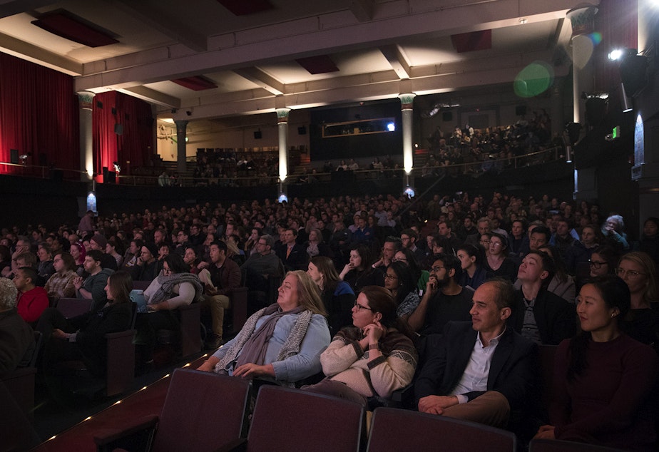 caption: 'That's Debatable' audience at the SIFF Cinema Egyptian, Wednesday, March 7, 2018, in Seattle.
