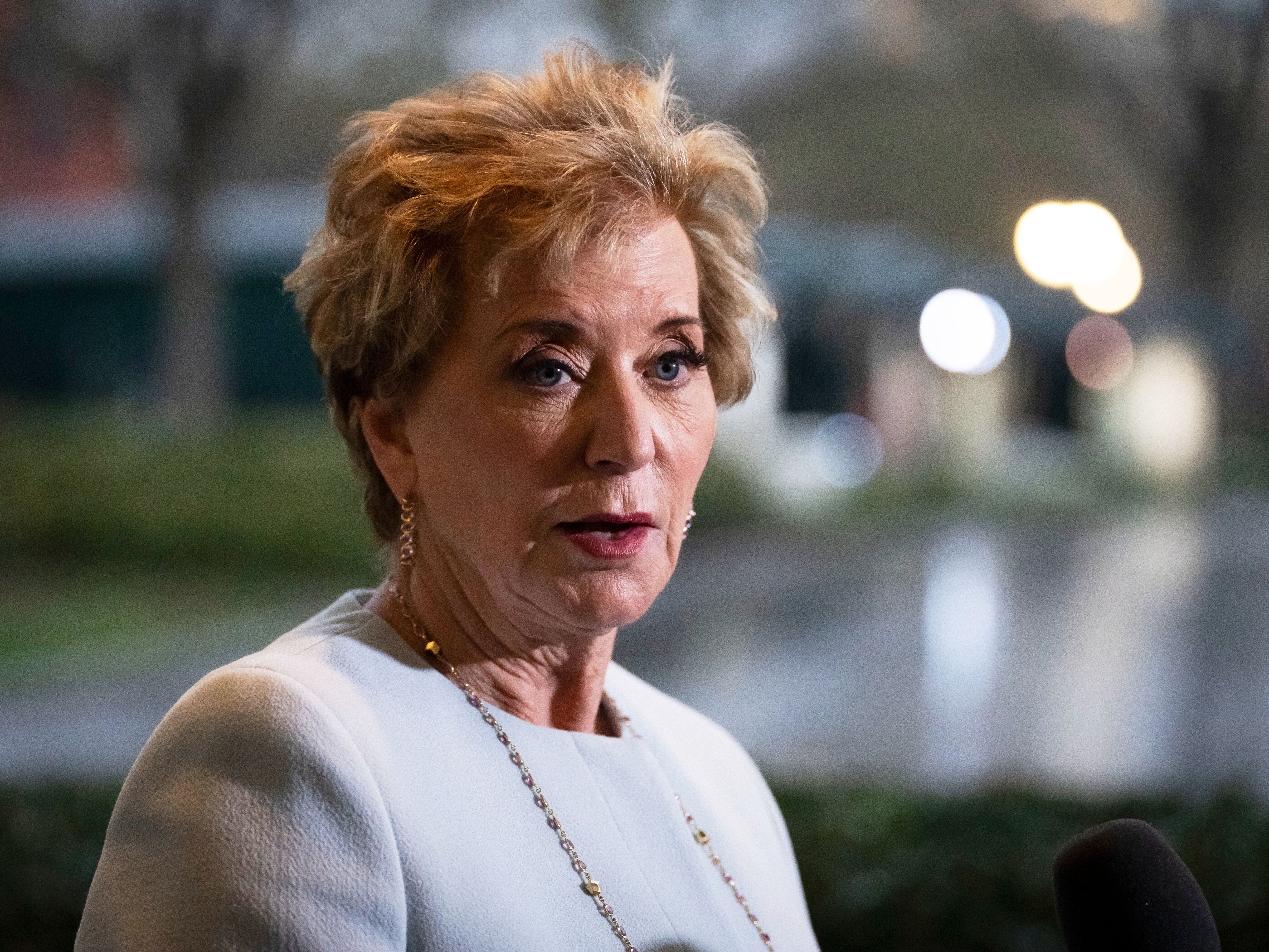 caption: Secretary of Education Linda McMahon speaks to reporters at the White House. The Education Department sent a letter to state leaders warning of the potential loss of funds for K-12 schools that don't follow its interpretation of civil rights laws.