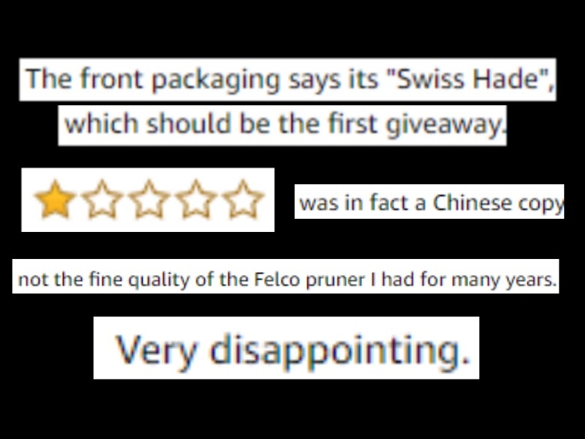 caption: Screenshots from reviews expressing disappointment in Felco's pruners. Orders for these pruners on Amazon are fulfilled by many different sellers. Some of those sellers provide counterfeit products - bringing the rating for all sellers down.