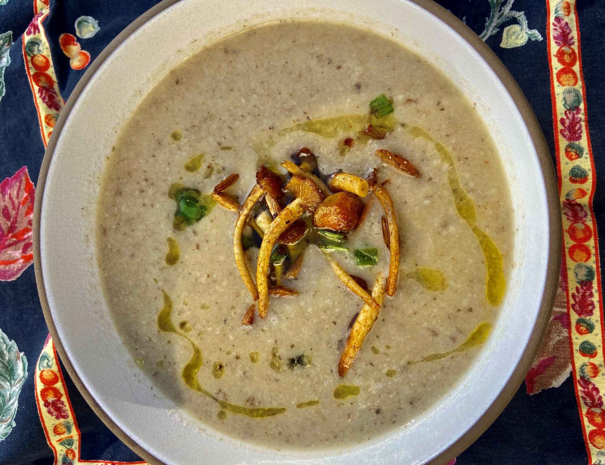 caption: Roasted mushroom soup. (Kathy Gunst/Here & Now)