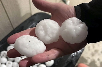 caption: In this image provided by Jeremy Crabtree, large chunks of hail are shown Wednesday night, in Shawnee, Kan. Volatile weather honed in on parts of Kansas and Missouri, with some storms dumping massive chunks of hail.