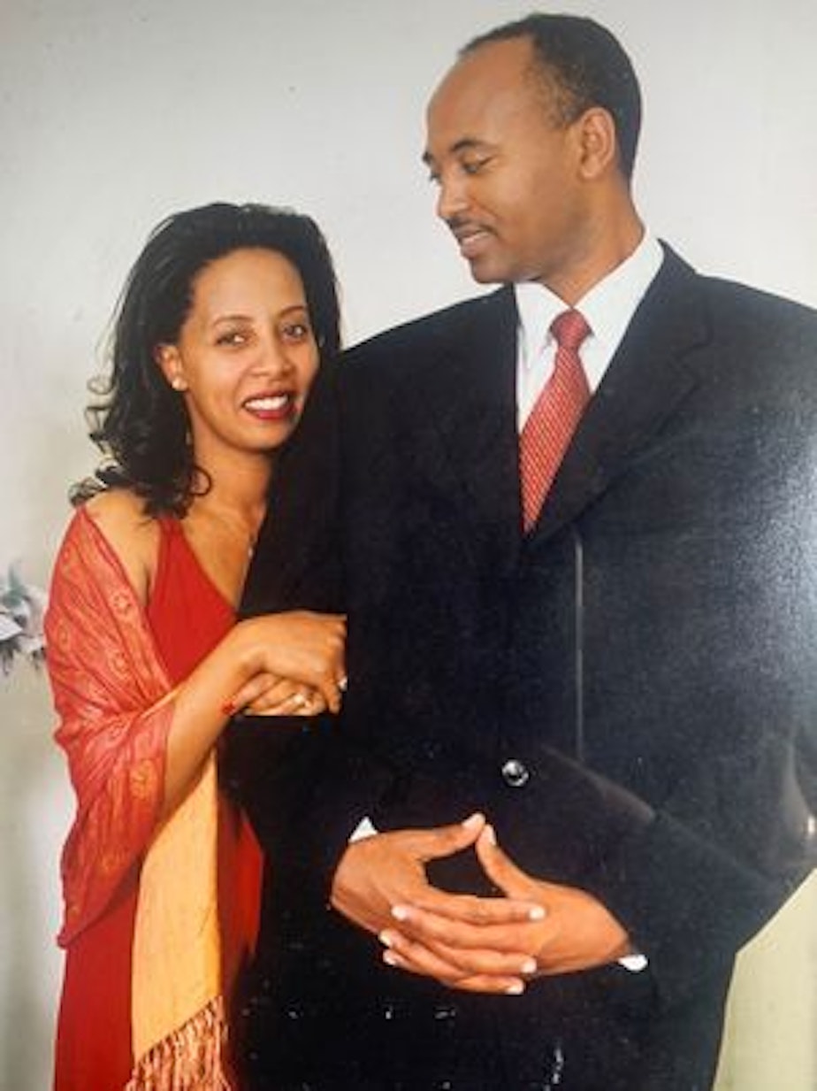caption: Axumawit Gebregorgis and her husband Dawit Asegahagne shortly after their wedding.