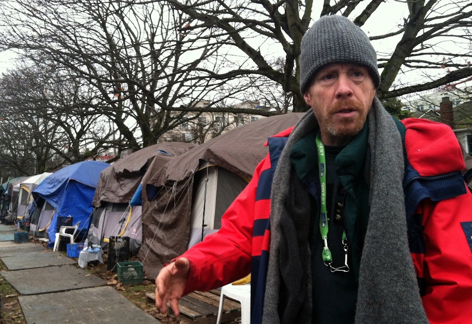 caption: Jeff Roderick, a resident of Tent City 3 and executive committee member. The tent city plans to move to Seattle Pacific University, in Seattle's Queen Anne neighborhood, next week.