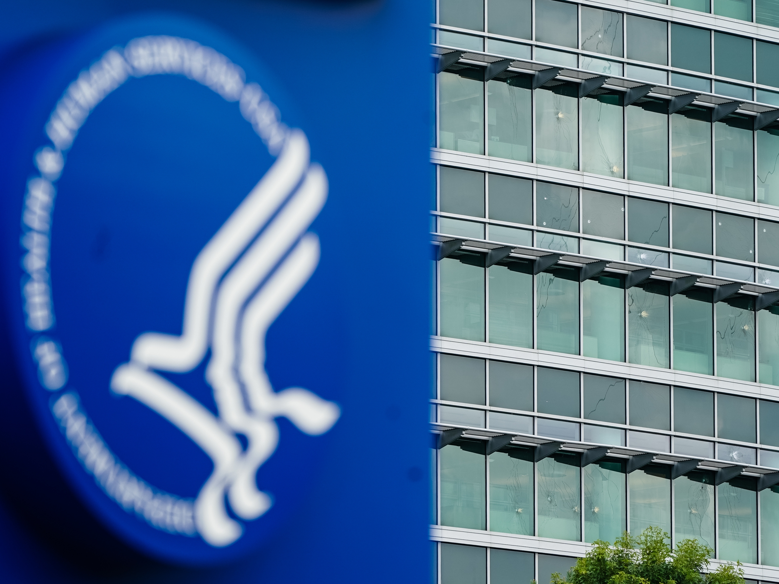 caption: Bullet holes are seen in windows at the Centers For Disease Control and Prevention (CDC) Global Headquarters following an August 8 shooting that killed a DeKalb County Police Department officer.