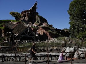 caption: Guests walk in line to Splash Mountain at Disneyland in 2013.