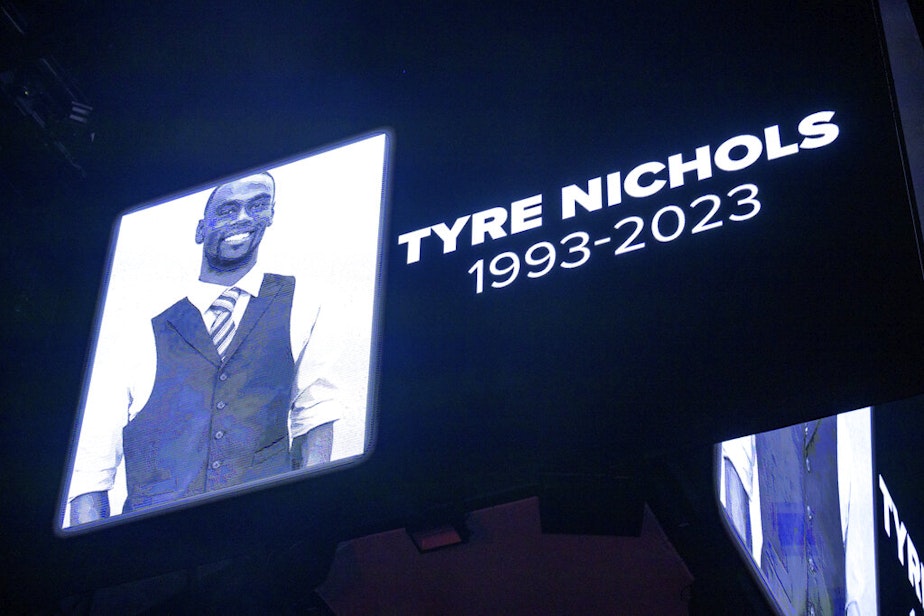 caption: The screen at the Smoothie King Center honors Tyre Nichols before an NBA basketball game between the New Orleans Pelicans and the Washington Wizards in New Orleans, Saturday, Jan. 28, 2023. 