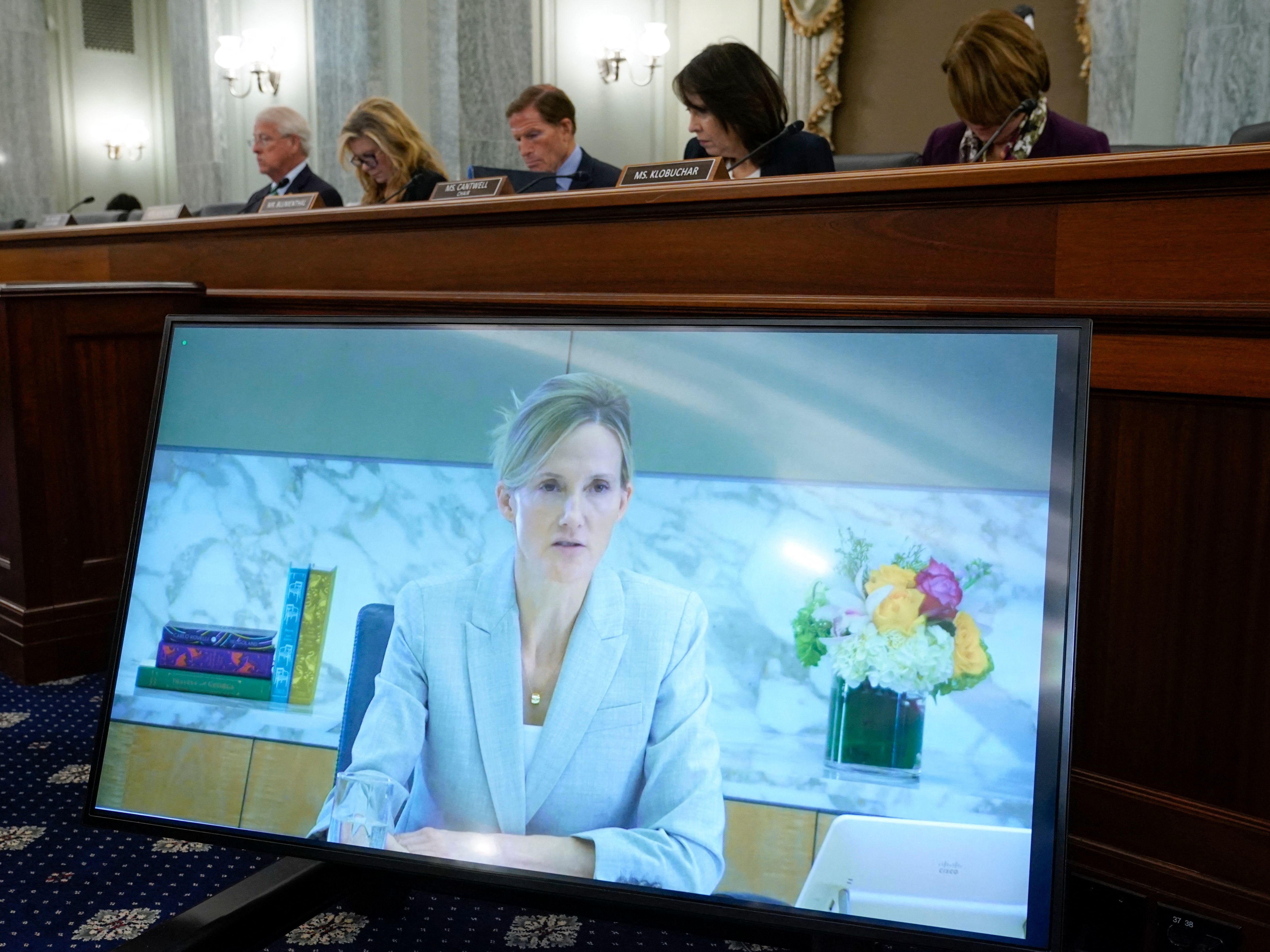 caption: Antigone Davis, Facebook's global head of safety, testifies remotely Thursday before a Senate subcommittee following leaks of internal research showing the company knows the harm its apps cause young people.