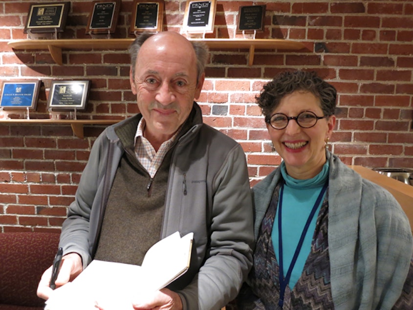 caption: Poet Billy Collins with KUOW's Marcie Sillman.
