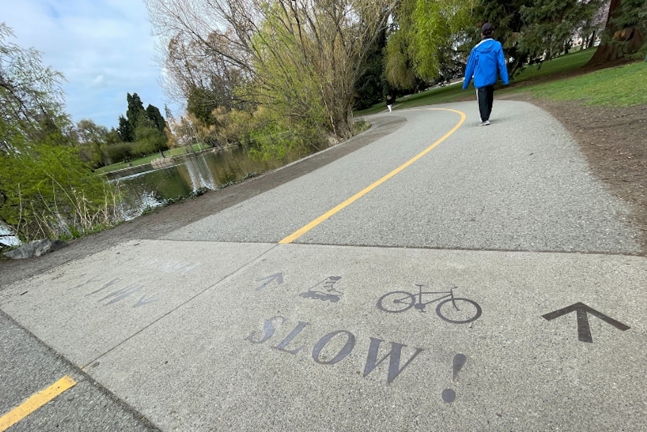 caption: Despite the city of Seattle banning wheels on the trail at Green Lake Park in March 2020, remnants of the park's past use remain embedded in the walkway. 
