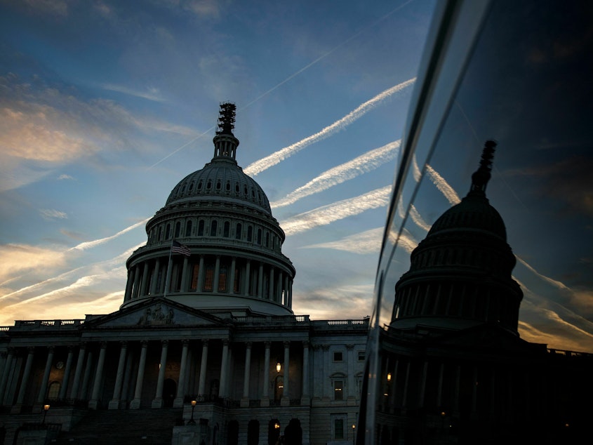 caption: The U.S. Capitol is seen as the sun sets in Washington, D.C., on Thursday. House Republicans were no closer to finding a nominee to secure the speakership on Sunday, as nine candidates tossed their hat in the race for the top post.